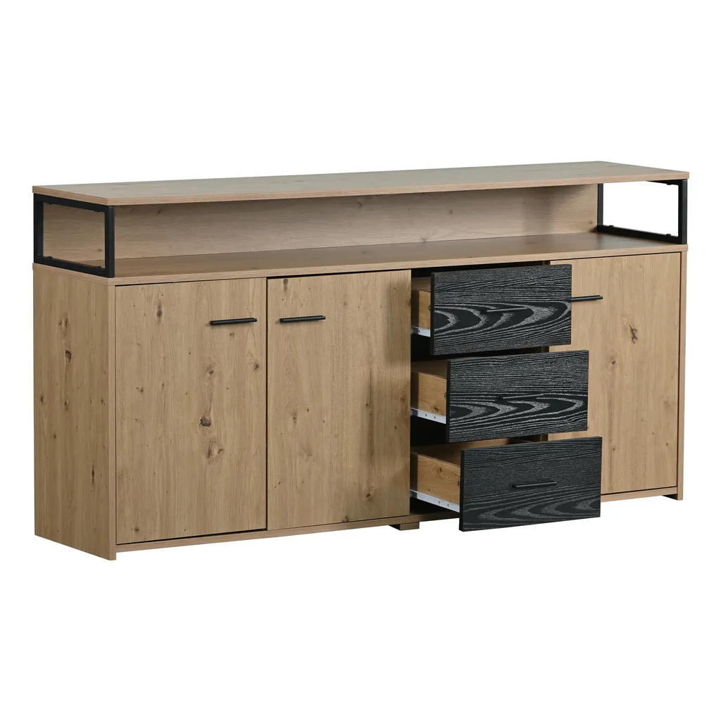 Commode 3 tiroirs avec étagères réglables en chêne massif de 150 cm - 9