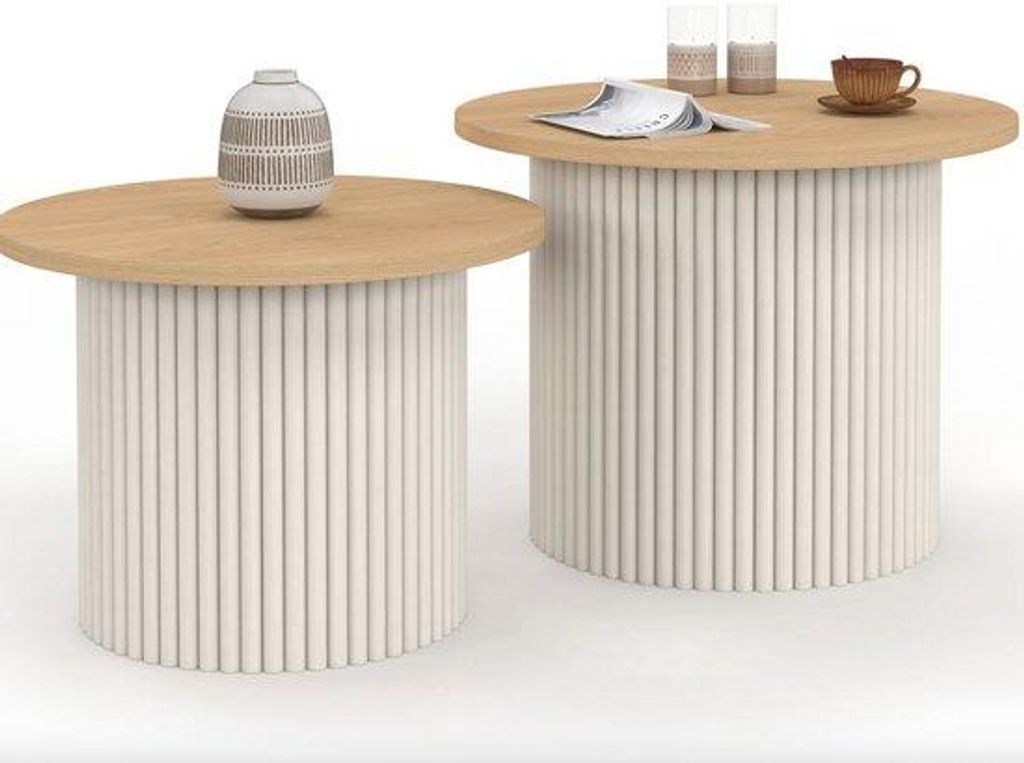 Runde Nesting-Tische aus Massivholz mit beige geribbeltem Finish, 40/45 cm, modernes Design