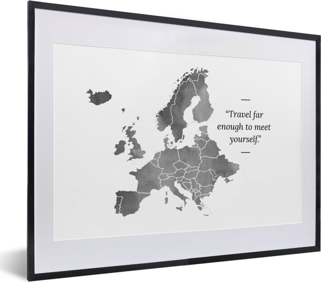 MuchoWow Gerahmtes Poster Europakarte in grauer Aquarellfarbe mit dem Zitat "Reise weit genug, um dich selbst zu treffen". - schwarz und weiß 40...