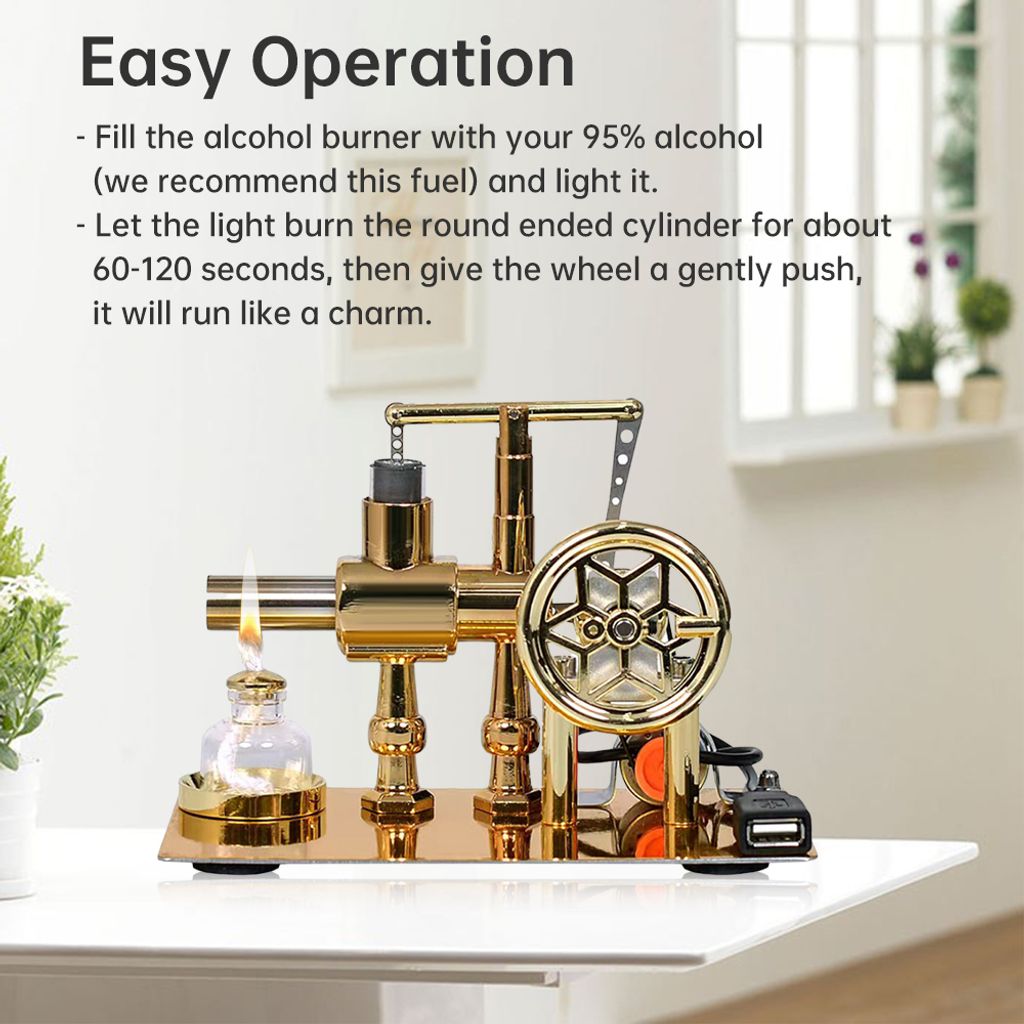 Lommer Stirlingmotor Modell, Metall L Form Stirling Motor Generator Modell Stromgenerator mit USB-Anschluss und Nachtlicht, Physisches Experiment Geschenk für Technikbegeisterte und Kinder
