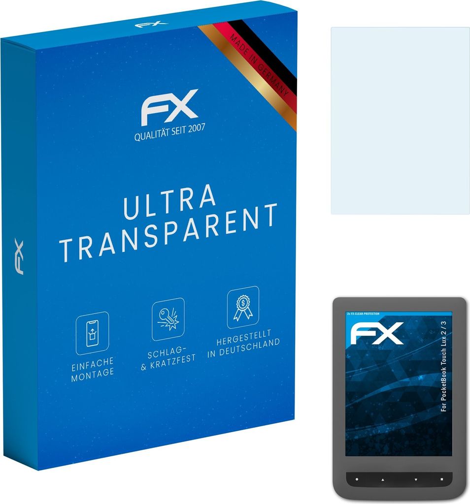 atFoliX FX-Clear 2x Schutzfolie kompatibel mit PocketBook Touch Lux 2 / 3 Displayschutzfolie