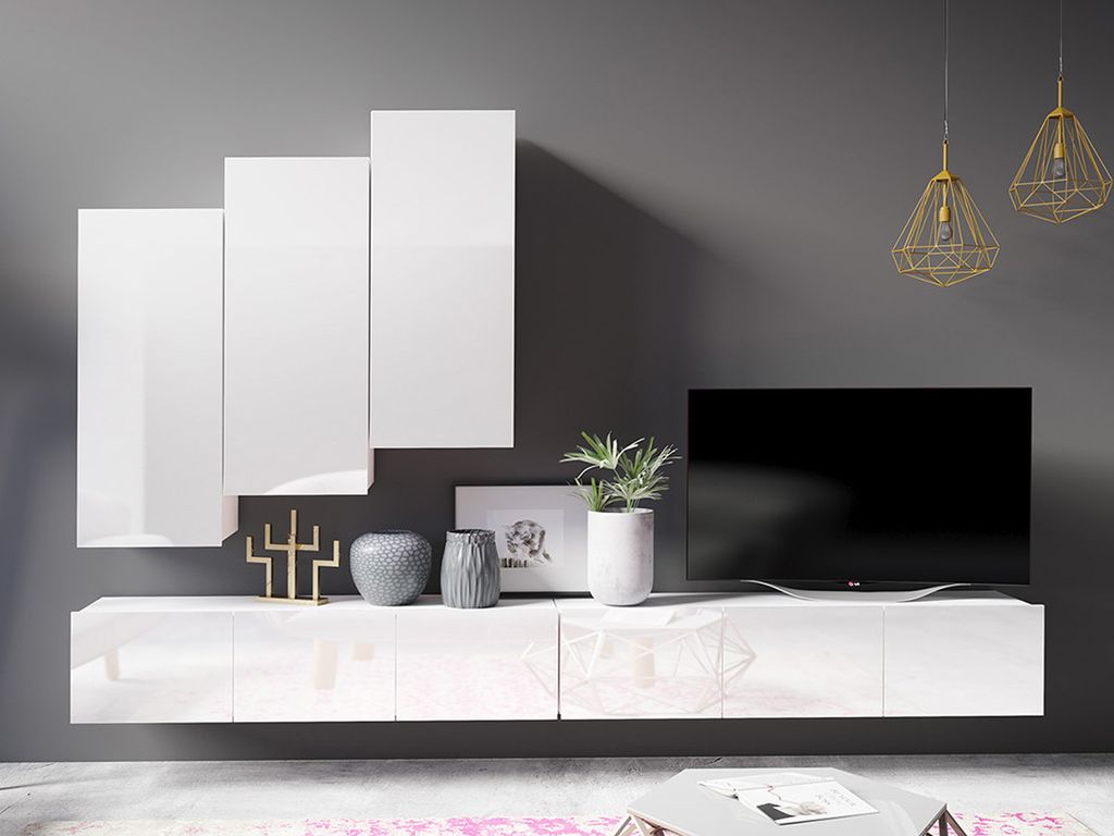 Wohnwand CALABRINI-20 Wohnzimmer-Set Hängewohnwand Schrankwand Schrank TV-Schrank Moderne Anbauwand Hochglanz (Weiß)