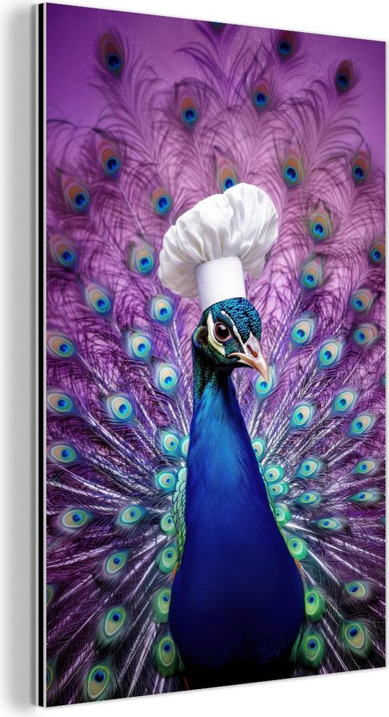MuchoWow Wanddekoration Metall Metallbild Wandkunst 80x120 cm Pfau - Kochmütze - Cool - Lila MuchoWow Aluminium Gemälde - Bilder
