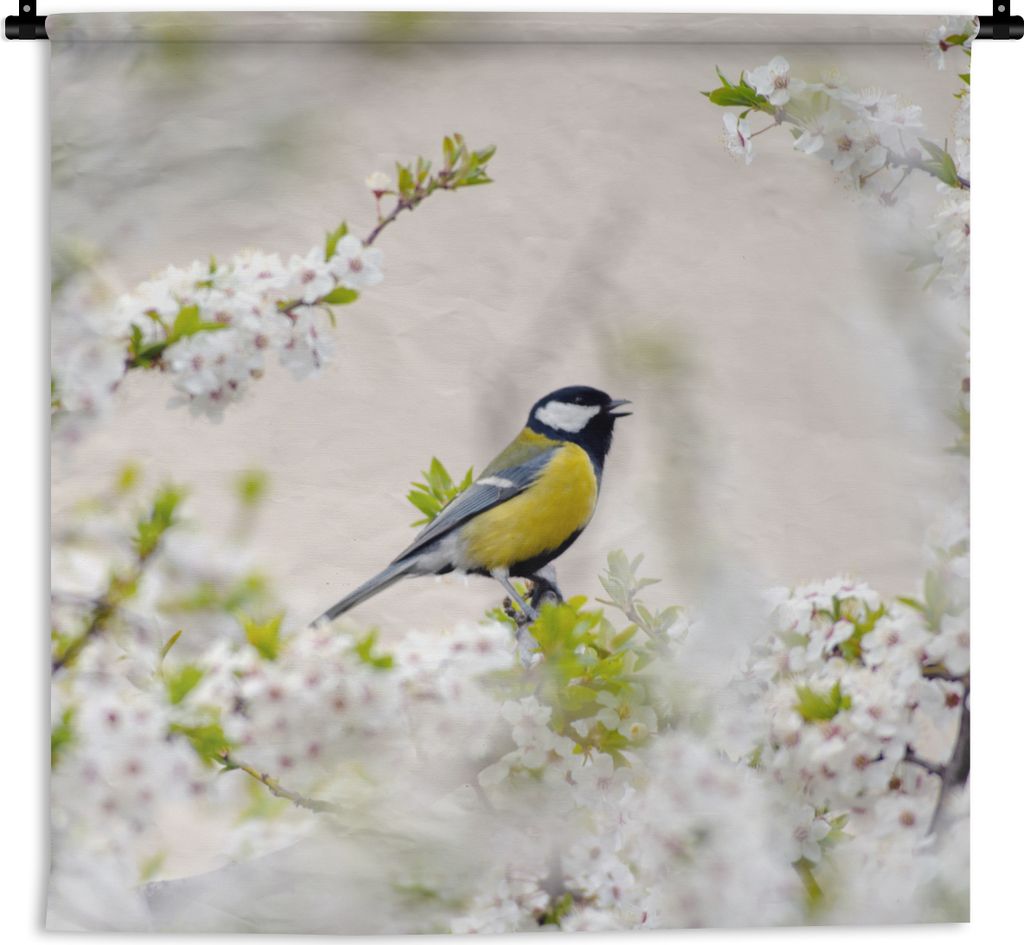 MuchoWow Wandteppich Wandbehang Vogel - Kohlmeise - Blumen - Blütenbaum 90x90 cm Tapisserie Dekoration Wandtuch - Wandaufhänger