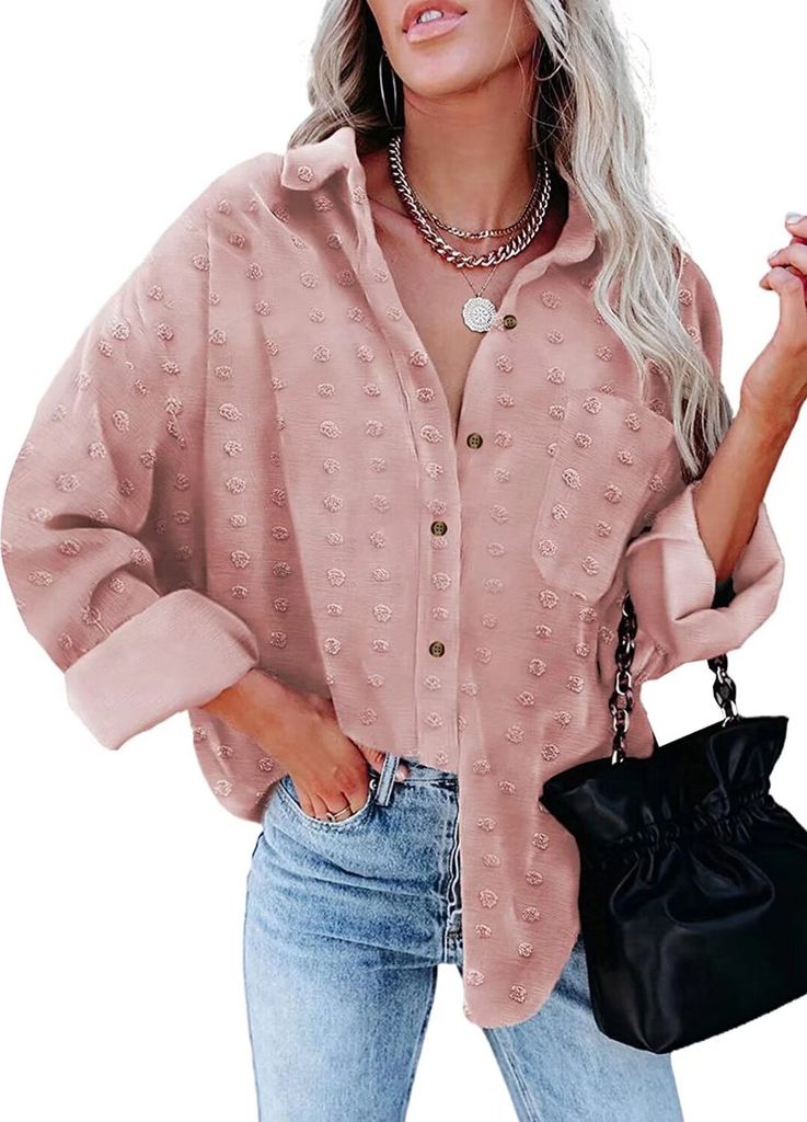 ASKSA Damen Chiffon Bluse Langarm Hemd V-Ausschnitt Knopfleiste Pom Pom Tops mit Taschen, Rosa, M