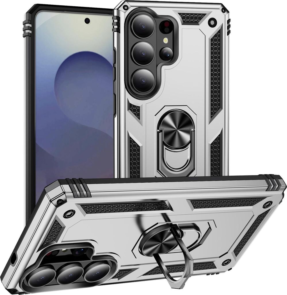 Schutzhülle für Samsung Galaxy S26 Ultra, Dual Layer Robust Militäre Fallschutz Hülle mit Ringhalterung Ständer Silber