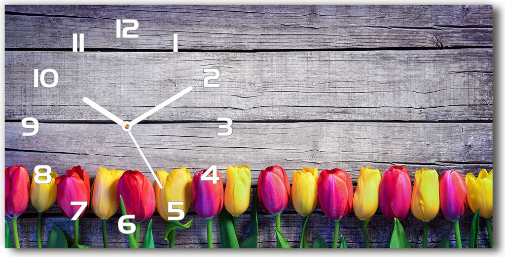 Wanduhr aus Glas – 60x30 cm - Glasbild - Glasuhr - Gehärtetes Glas - weisse-zeiger - Tulpen auf dem Holz