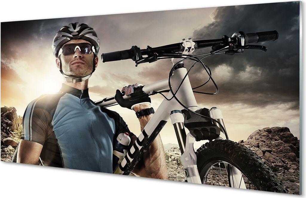 Glasbilder 120x60 Wandkunst Radfahrer Fahrrad Wolken