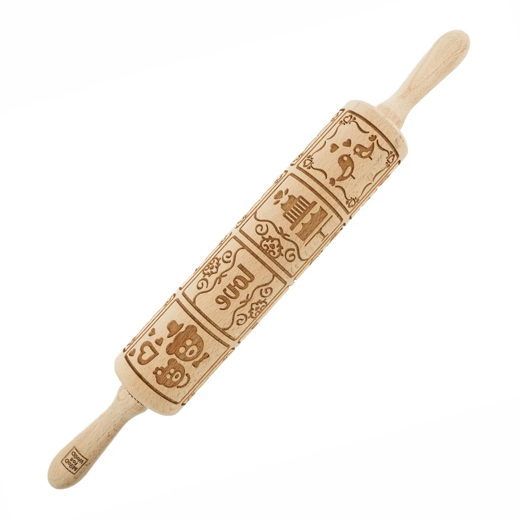 MoodForWood mattarello in legno, inciso, 43 cm con manici, perfetto per la panificazione - motivo per gli innamorati