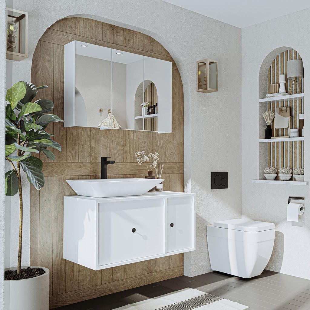 Roomart GUSTO-II-90 Badmöbel Set– 3-teiliges Badezimmermöbel Set - Unterschrank, Waschbecken & Spiegelschrank - H 45 x B 45 x T 90 cm - Weiß