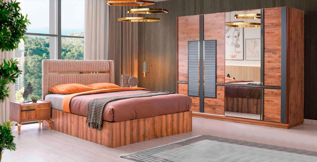 Hellbraune Schlafzimmer Garnitur Modernes Doppelbett 2x Konsolen Schrank