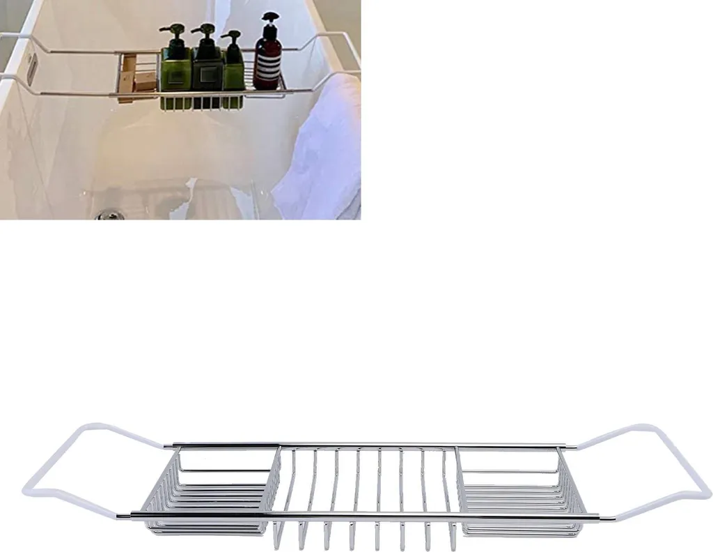 Plateau de bain en acier inoxydable argenté, caddy de douche extensible