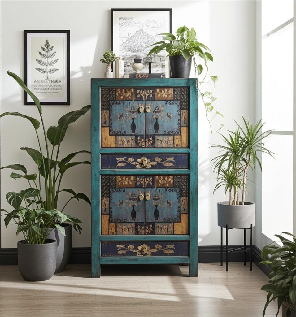 OPIUM OUTLET asiatischer Vintage Schrank Hochzeitsschrank blau, hohe Kommode Shabby Chic Stil Möbel asiatisch orientalisch chinesisch fernöstlich...