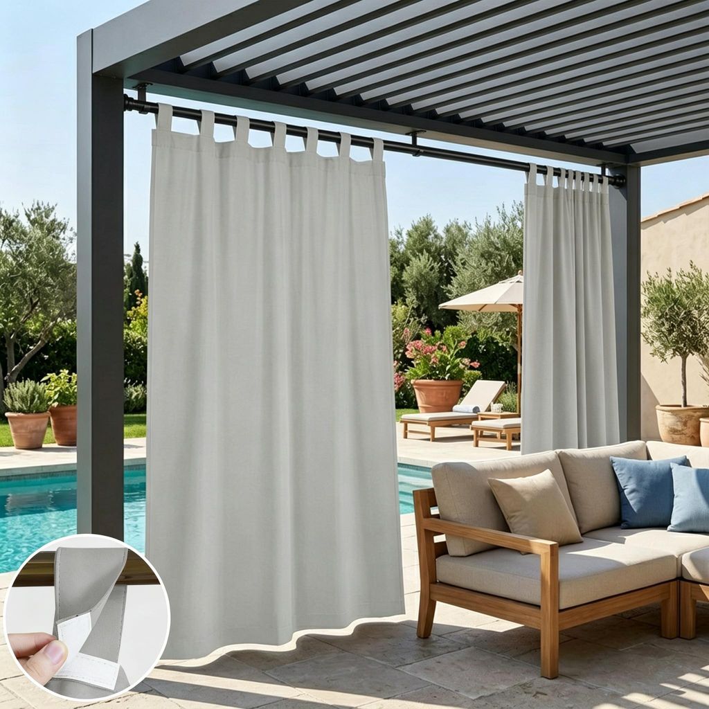 2er Set Vorhang Outdoor Wasserdicht Blickdicht Schlaufen Abnehmbar Verdunkelungsvorhänge Thermovorhänge Terrasse Balkon Garten Hof, 132x241cm, Grau
