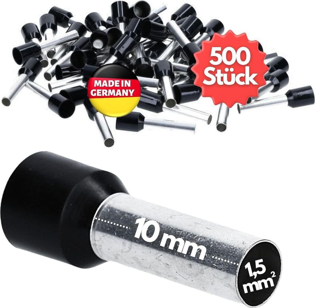 500 Stück Kalitec AE1510SW Aderendhülsen isoliert 1,5mm² 10mm lang schwarz I Germany I Industriequalität