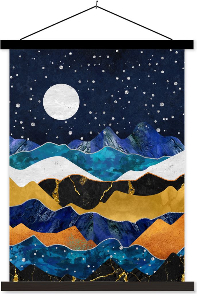 MuchoWow Textilposter Nacht - Gold - Marmor - Abstrakt - Landschaft - Berg 60x80 cm mit schwarzem Rahmen - Plakathalter