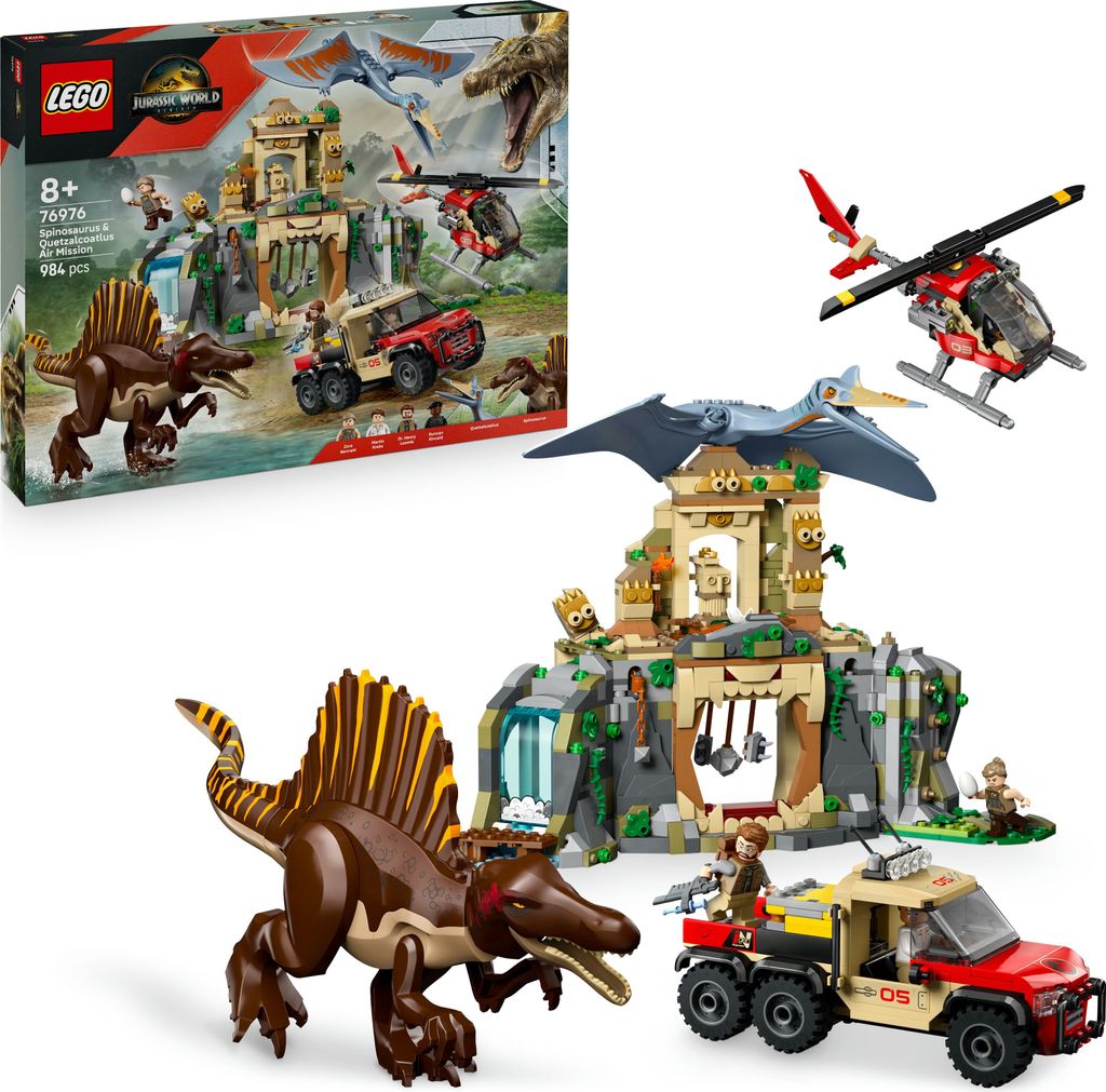 LEGO Jurassic World Spinosaurier & Quetzalcoatlus: Hubschrauber-Einsatz – 2 Spielzeug-Dinosaurier, Hubschrauber, Lkw und 4 Minifiguren – Gesche...