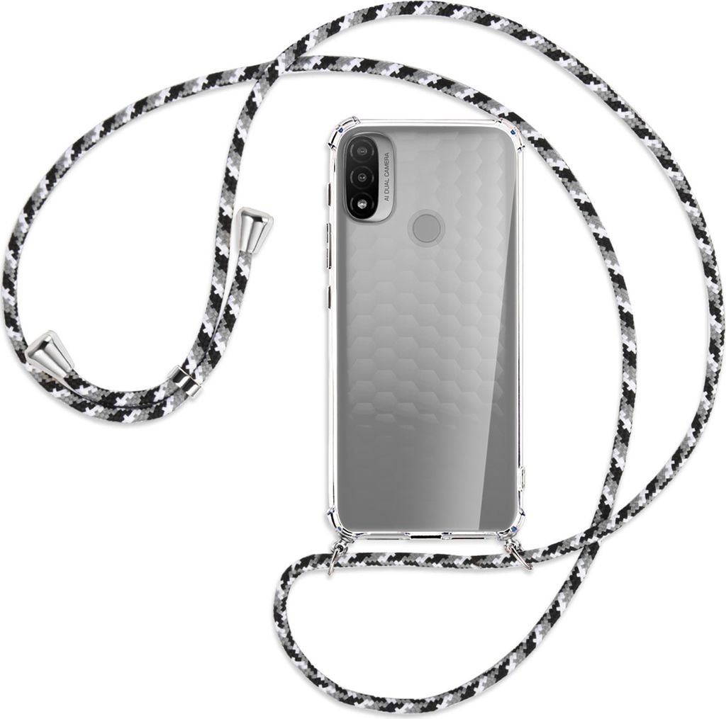 Handykette Backcover-Schutzhülle mit Band (Metall silberfarben) für Motorola Moto E20 (XT2155) - schwarz/grau/weiß