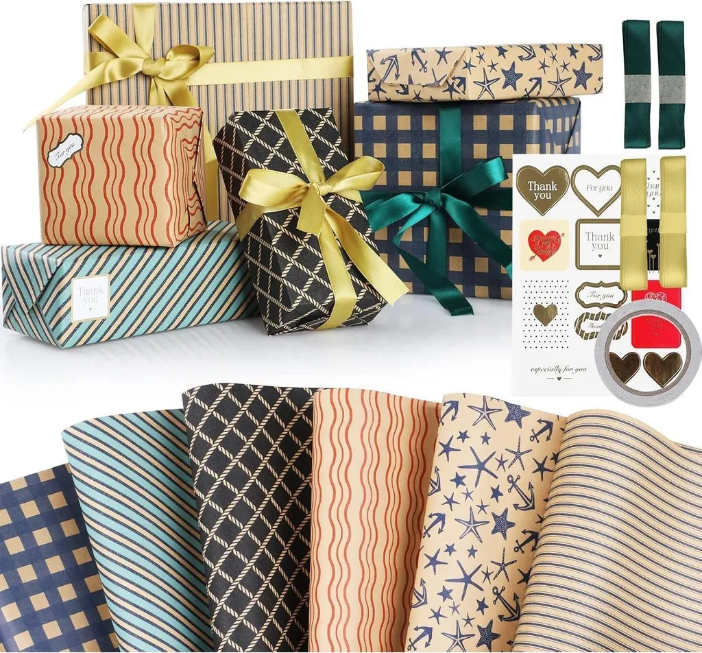 Set Papier Cadeau 6 Feuilles Kraft 70x50 cm avec Rubans et Étiquettes