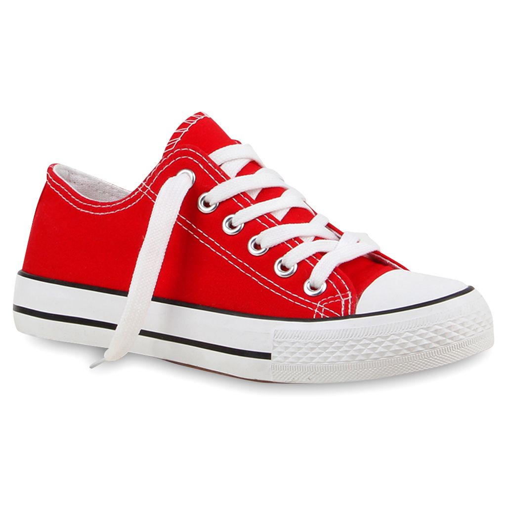 Mytrendshoe Sportliche Damen Low Sneakers Bequeme Schnürer Freizeit Schuhe 76342, Farbe: Rot, Größe: 36