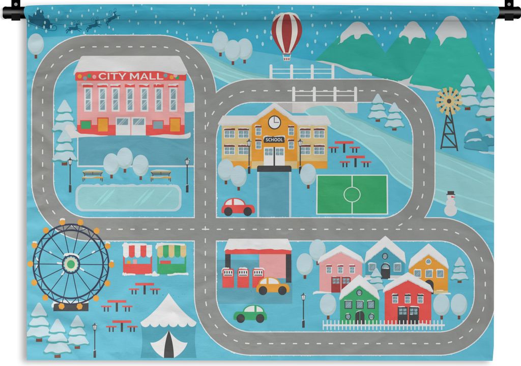 MuchoWow Wandteppich Wandbehang Schnee - Schule - Dorf - Blau 150x112.50 cm Tapisserie Dekoration Wandtuch - Wanddecke - Wandteppiche