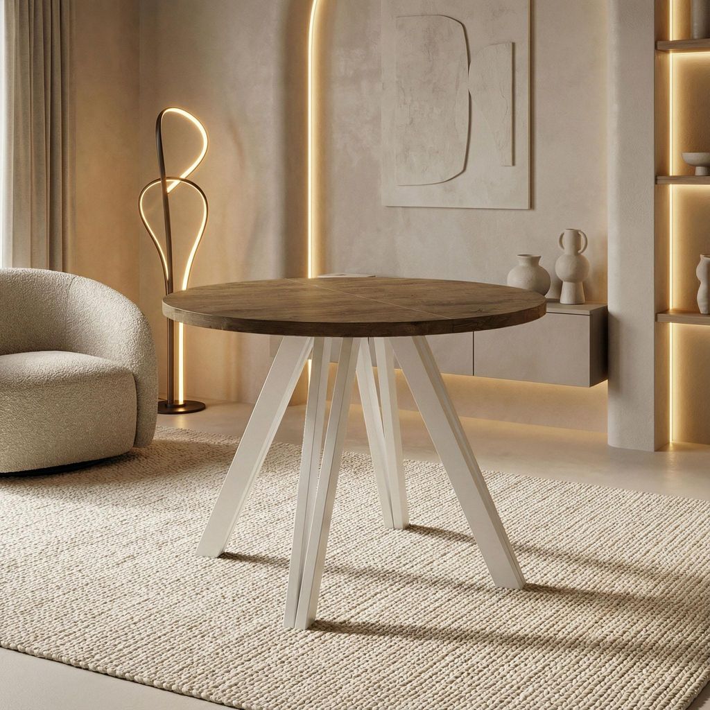 Runder Esstisch Ausziehbar 100–140 cm mit Weißen Holzbeinen aus Buchenholz – Moderner Ausziehtisch für Esszimmer, Küche und Wohnzimmer – T...
