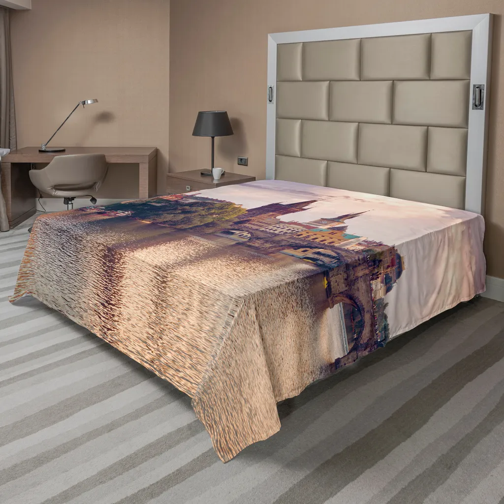 Drap de Lit Décoratif Imprimé Paysage de Prague Multicolore 275x260 cm