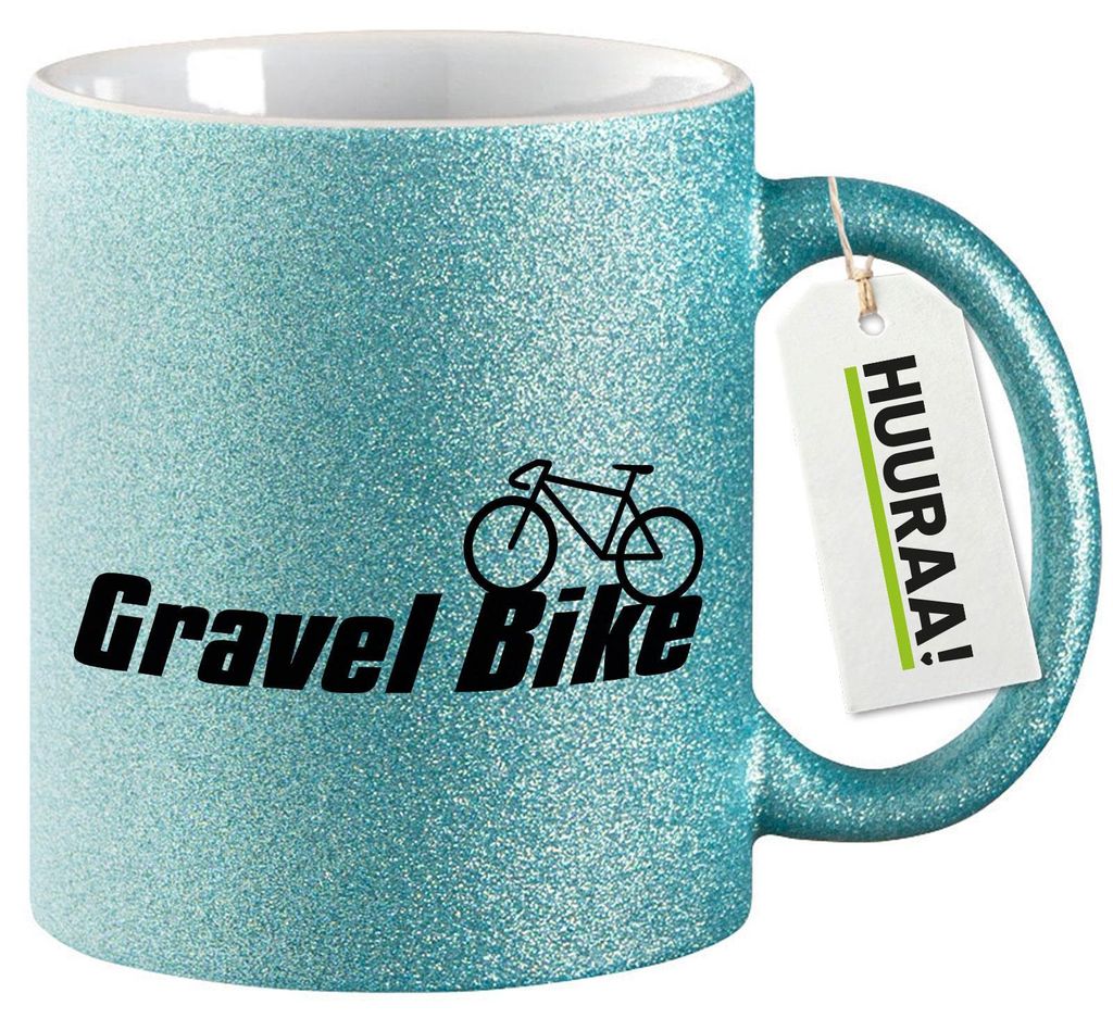 Huuraa Glitzertasse Gravel Bike Fahrrad 330ml Blau Keramik Kaffeebecher Geschenkidee