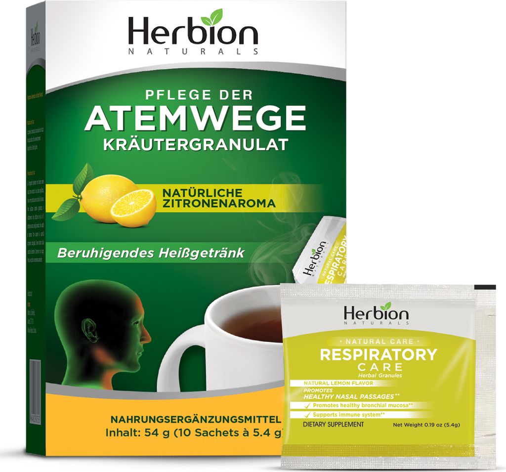Herbion Naturals Atemwegspflege-Granulat mit natürlichem Produktbild 