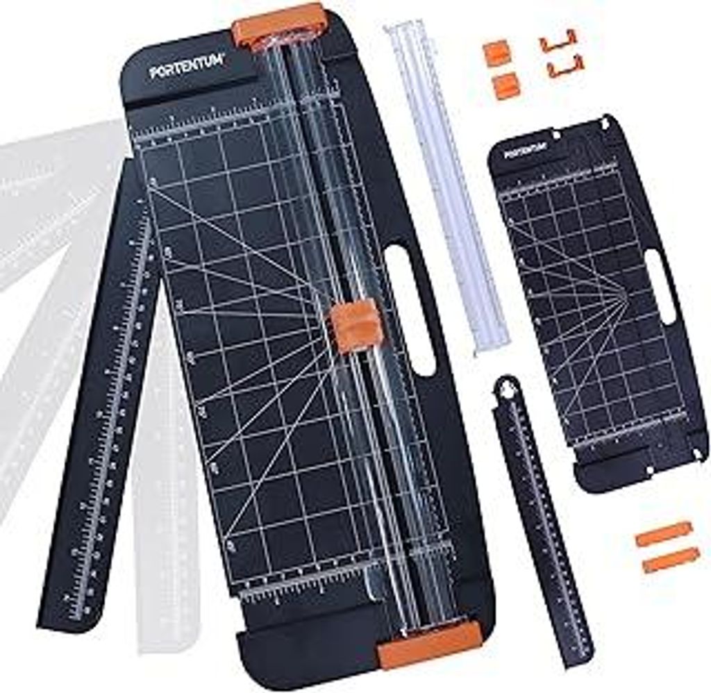 PORTENTUM Papierschneider A4 mit Rillfunktion und abnehmbarem Lineal – Schneidemaschine Papier mit verstellbarem Anschlag und Diagonalschnitt –...