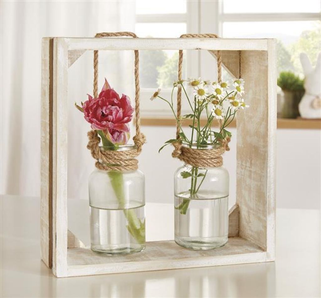 Holzrahmen "Väschen" mit 2 Glasvasen, Vasenhalter aus Holz mit Blumenvase in Flaschenform, Vase, Vasenset