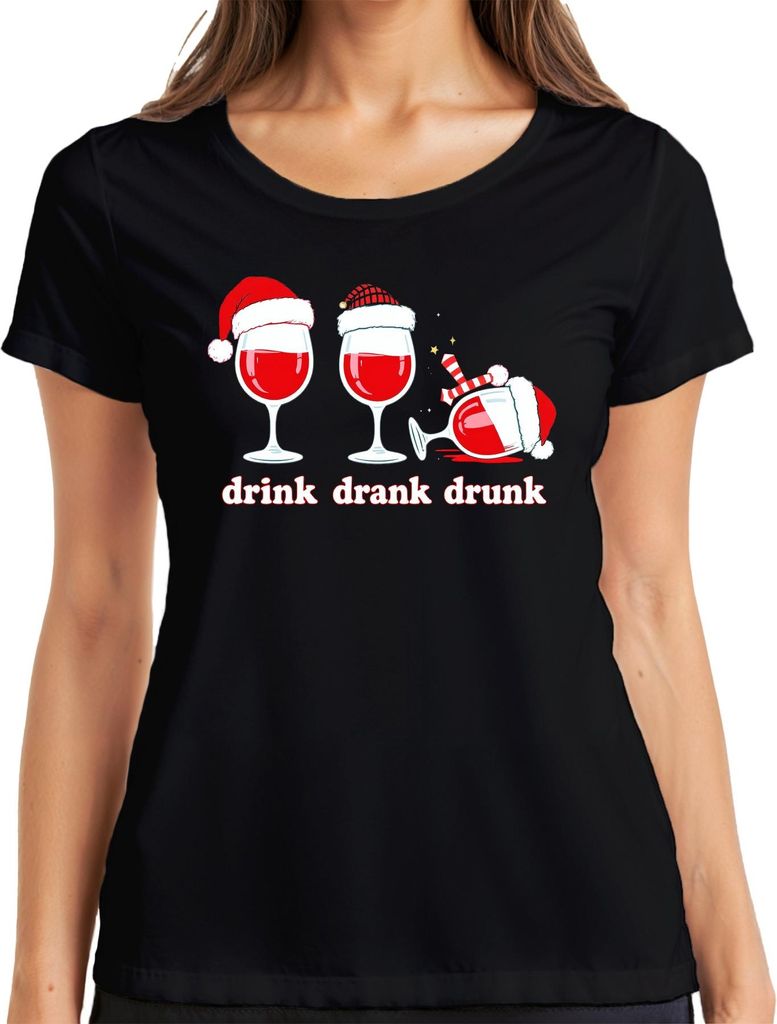 drink drank drunk Wein Weihnachten lustig Geschenk Weinliebhaber Damen T-Shirt, Schwarz, XXL