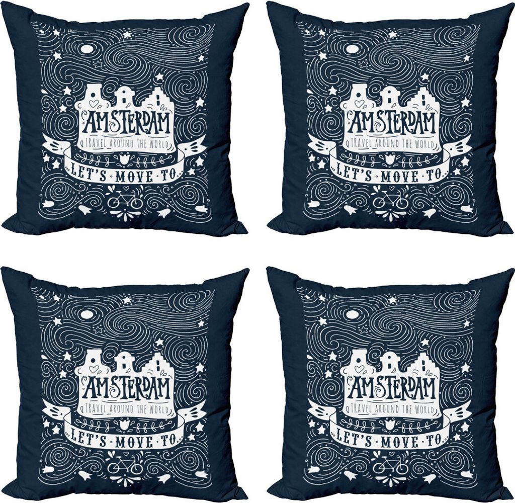 ABAKUHAUS Amsterdam Kissenbezug Set (4 Stück), Reise Worte mit Sternen, Moderner Doppelseitiger Digitaldruck, 45 cm x 45 cm, Dunkelblau und Weiß