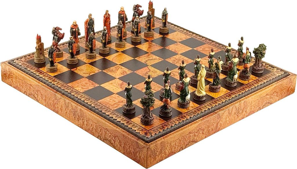 Italienische Schachfiguren Robin Hood aus Resin + Spielbrett mit Weltkarte 48 cm