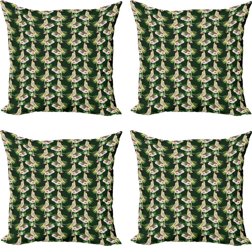 ABAKUHAUS Gelber Vogel Kissenbezug Set (4 Stück), Parrot und exotische Flora, Moderner Doppelseitiger Digitaldruck, 45 cm x 45 cm, Mehrfarbig