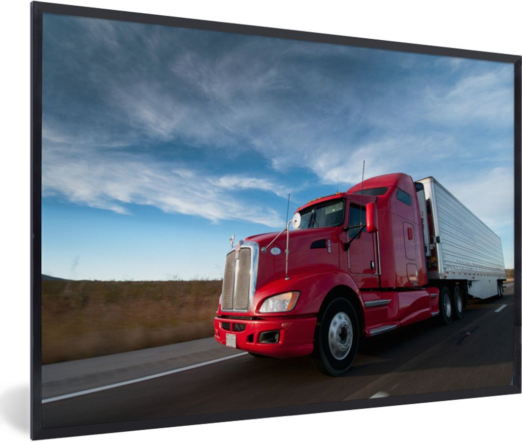 MuchoWow Gerahmtes Poster Roter Lastwagen mit bedrohlichem Himmel 30x20 cm - Poster mit Schwarzem Bilderrahmen Wandposter Rahmen Foto Bilder - Ku...