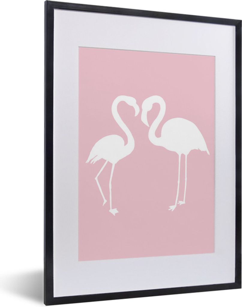 MuchoWow MuchoWow Gerahmtes Poster Rosa - Herz - Flamingo 30x40 cm - Poster mit zchwarzem Bilderrahmen - Wandposter Schlafzimmer