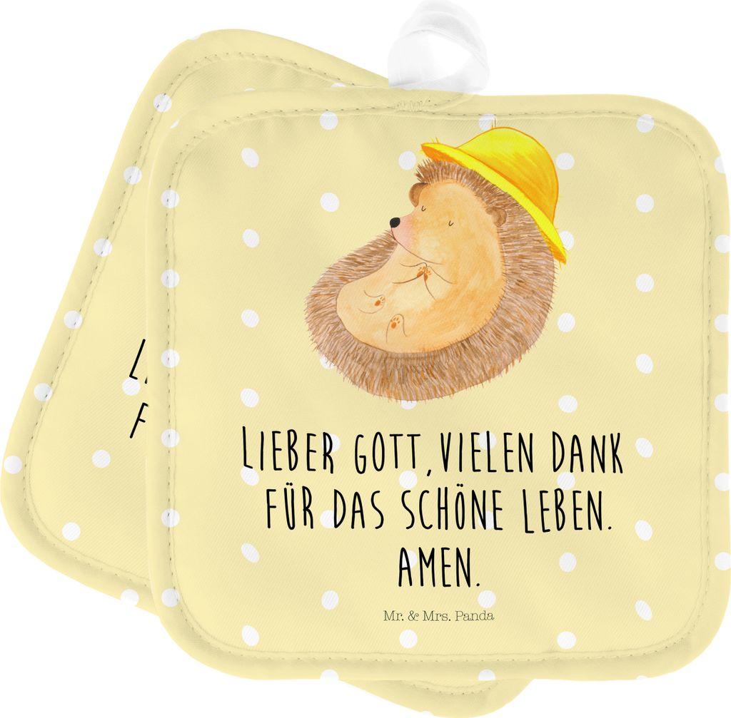 Mr. & Mrs. Panda Topfuntersetzer Igel Beten - Gelb Pastell - Geschenk, Sonnenhut, Topflappen Set, topfhalter, Genießen, Doppel, Leben, Kochlappen,...