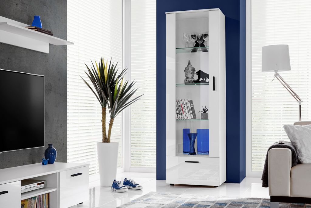 Komodee, Vitrine Schrank Alessandria, Weiß/Weiß, Breite 60cm x Höhe 192cm x Tiefe 42cm, 3 Glasböden, 1 Regal aus laminierter Platte, für Wohnz...
