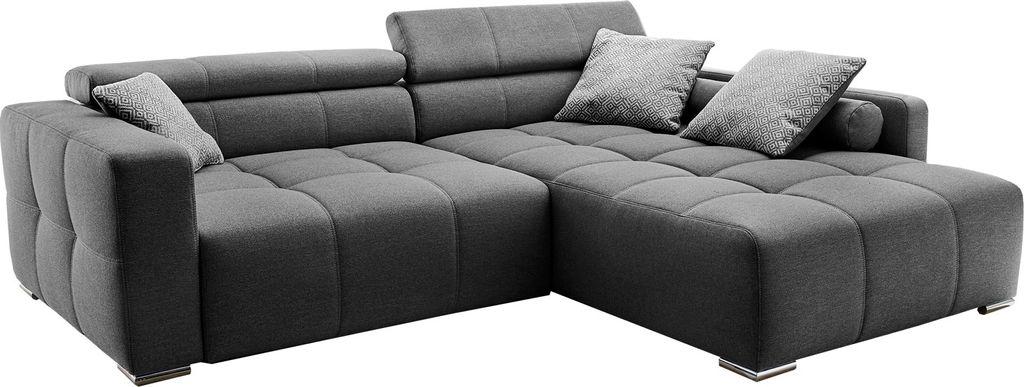 Ecksofa in grau mit verstellbaren Kopfstützen und 3 Zierkissen