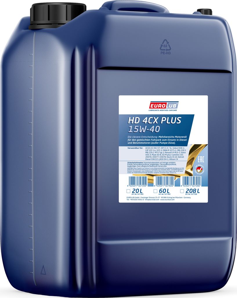 EUROLUB HD 4CX PLUS für 15W-40 20 Liter Motoröl Motorenöl Mineralisch ALLISON C4 CATERPILLAR ECF-1-A CUMMINS CES 20076 CUMMINS CES 20077 DDC PGO...
