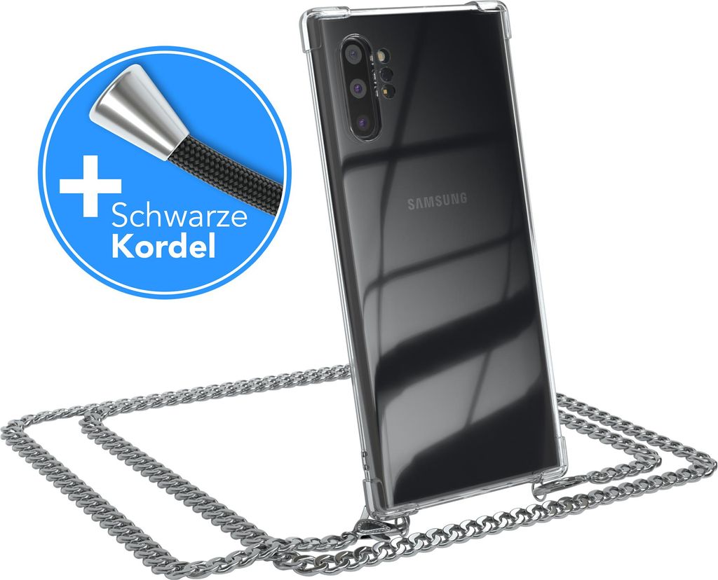 EAZY CASE Metall Handykette für Samsung Galaxy Note 10 Plus, Handyhülle mit Umhängeband, Silikonhülle, Metallkette für Smartphone in Silber