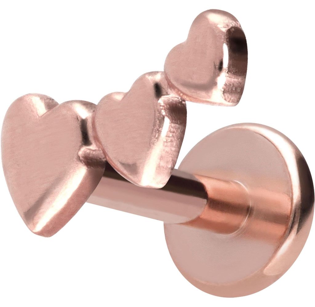 Ohrpiercing, Nasenpiercing Titan Labret mit Push Fit 3 HERZEN RoséGold Stablänge: 10mm | Stabstärke: 1,2mm