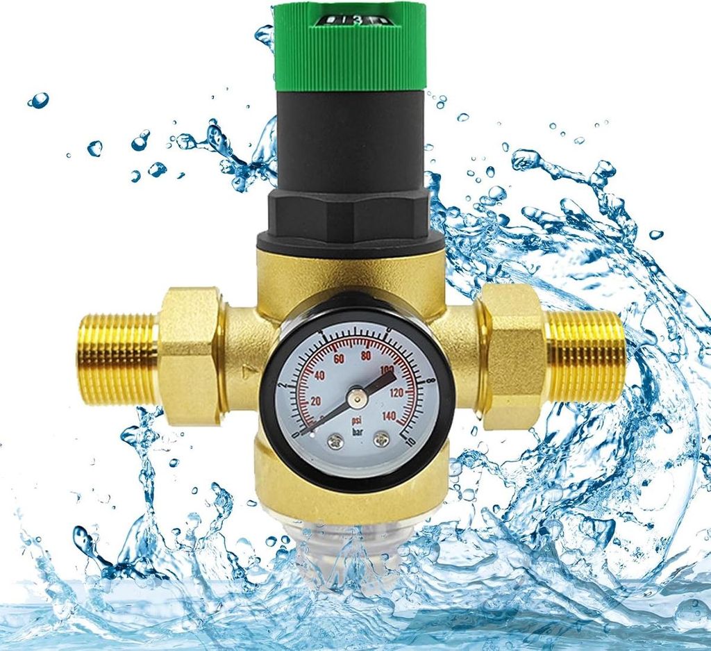 3/4 Zoll Wasserdruckminderer mit Druckmesser & Filter, verstellbares Überdruckventil zur Kontrolle & Regulierung des Wasserdrucks