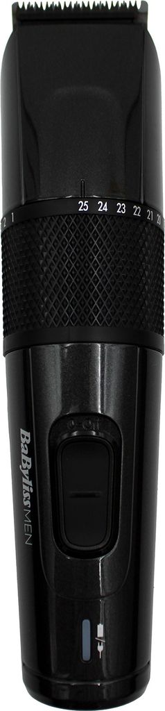 A black electric hair and beard trimmer is shown against a white background.