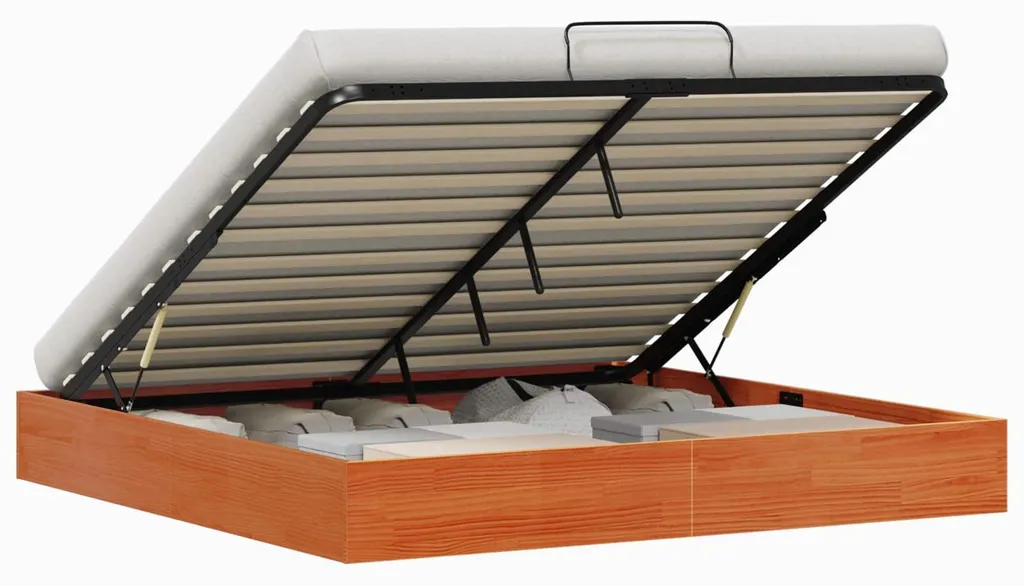 Lit double 200x200 cm avec rangement brun cire - Sommier gain de place