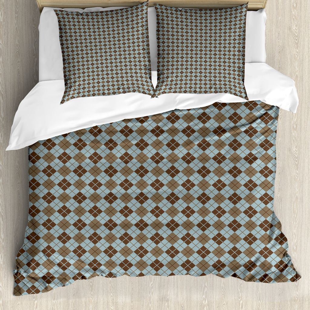 ABAKUHAUS Brown und Blau Bettbezug, Argyle-Muster, Milbensicher Allergiker geeignet mit Kissenbezügen, 155 cm x 220 cm - 80 x 80 cm, Blaugrau Brown