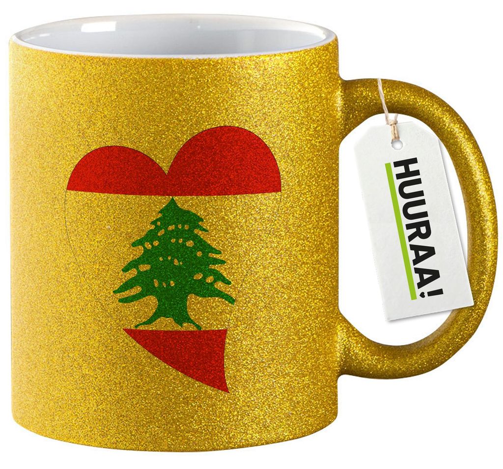 Huuraa Glitzertasse Libanon Flagge Herz 330ml Gold Keramik Kaffeebecher Geschenkidee