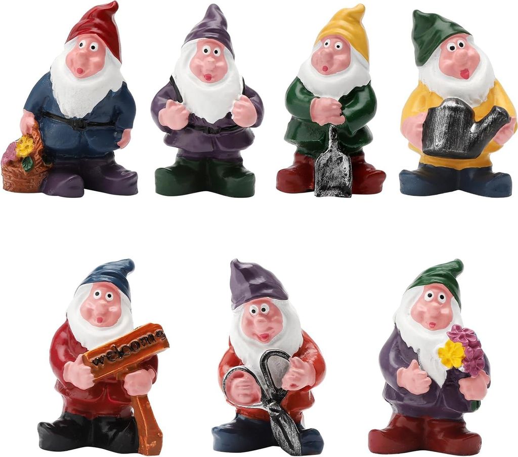 Set von 7 lustigen Mini-Gartenzwergen für draußen - Gartendekorationszubehör