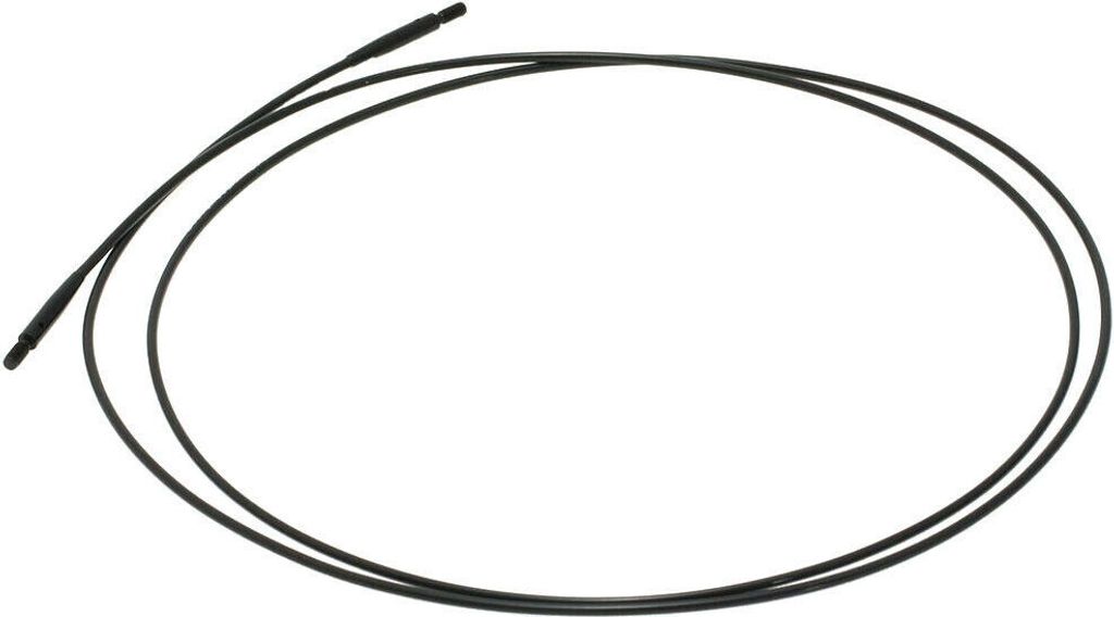 A black knitting needle cable is laid out in a loop on a white background.